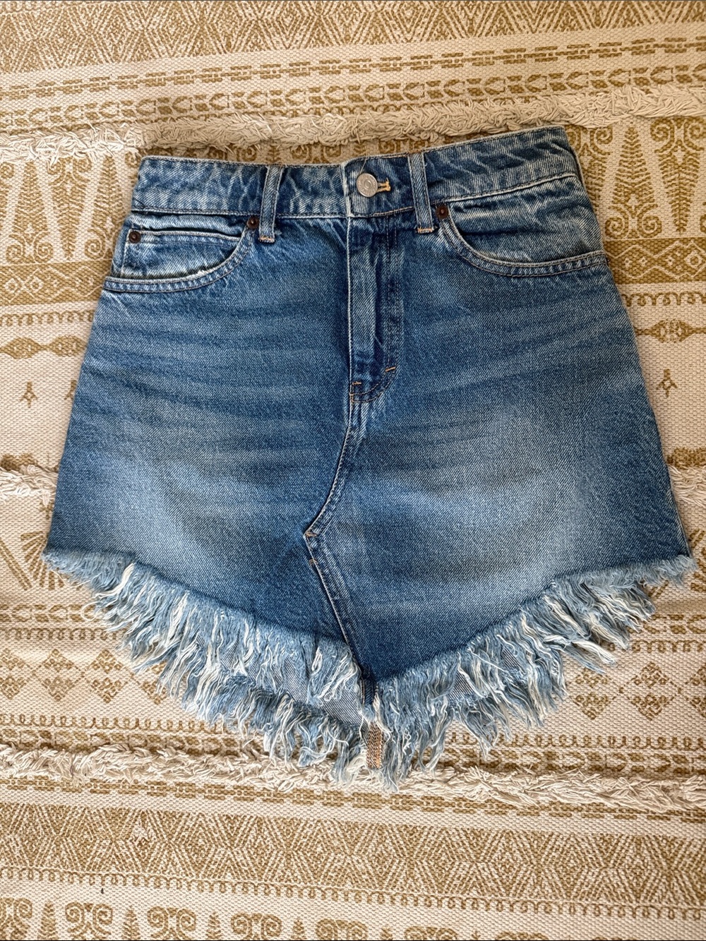 Free People Blue Denim High-Rise Frayed V-Hem Shorts